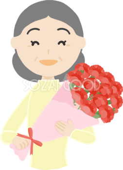母の日「お母さん高齢者70歳代」カーネーション花束を持つフリー無料イラスト83692