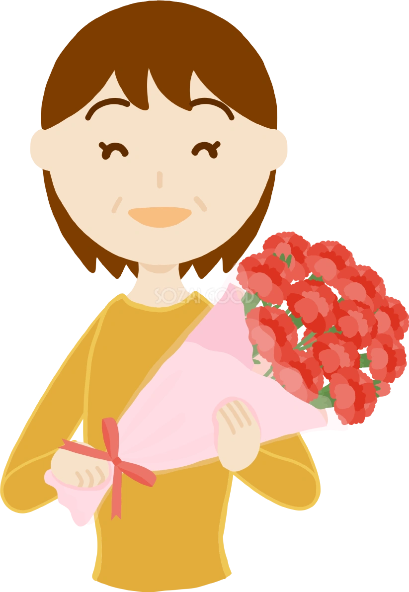 母の日「お母さん中高年50歳代」カーネーション花束を持つフリー無料イラスト83694
