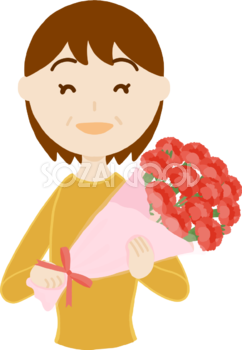 母の日「お母さん中高年50歳代」カーネーション花束を持つフリー無料イラスト83694