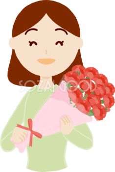 母の日「お母さん中年40歳代」カーネーション花束を持つフリー無料イラスト83695