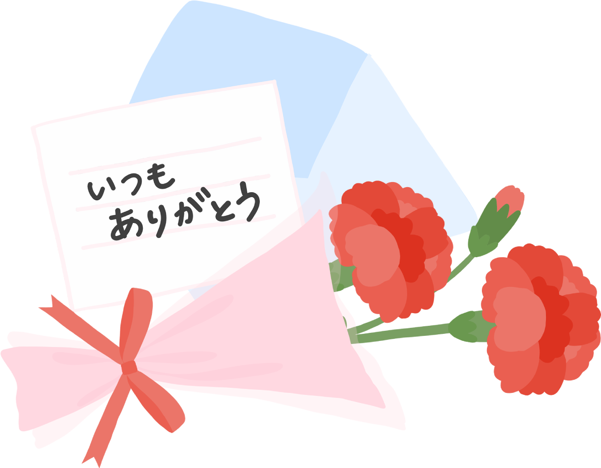 母の日にカーネーションと「いつもありがとう」と書かれたお手紙フリー無料イラスト83696に写真・文字を入れる