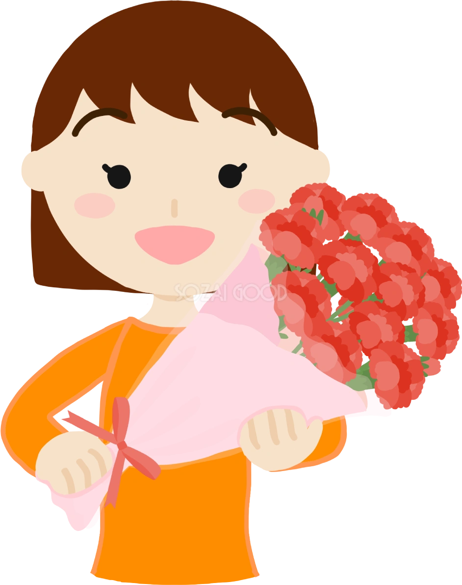 母の日に女の子からお母さん「中年30歳代」カーネーションを渡すフリー無料イラスト83699