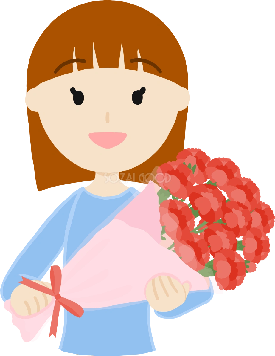母の日に女性からお母さん「中高年50歳代」カーネーションを渡すフリー無料イラスト83705
