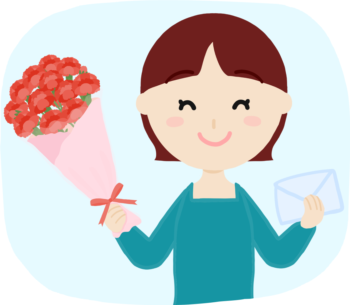 母の日に笑顔でカーネーションを持つ女の子が花束と手紙を贈る無料フリーイラスト83706に写真・文字を入れる