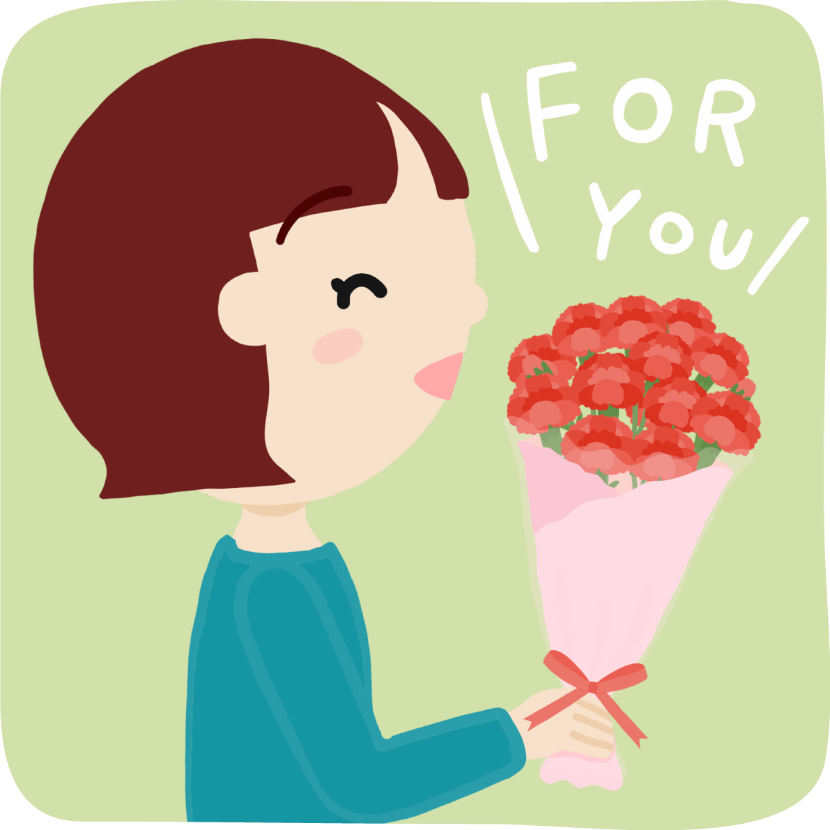 母の日に笑顔でカーネーションを持つ女の子が花束を持つ横向き無料フリーイラスト83707に写真・文字を入れる