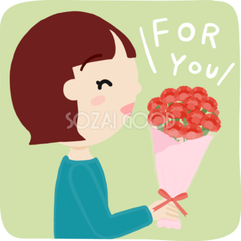 母の日に笑顔でカーネーションを持つ女の子が花束を持つ横向き無料フリーイラスト83707