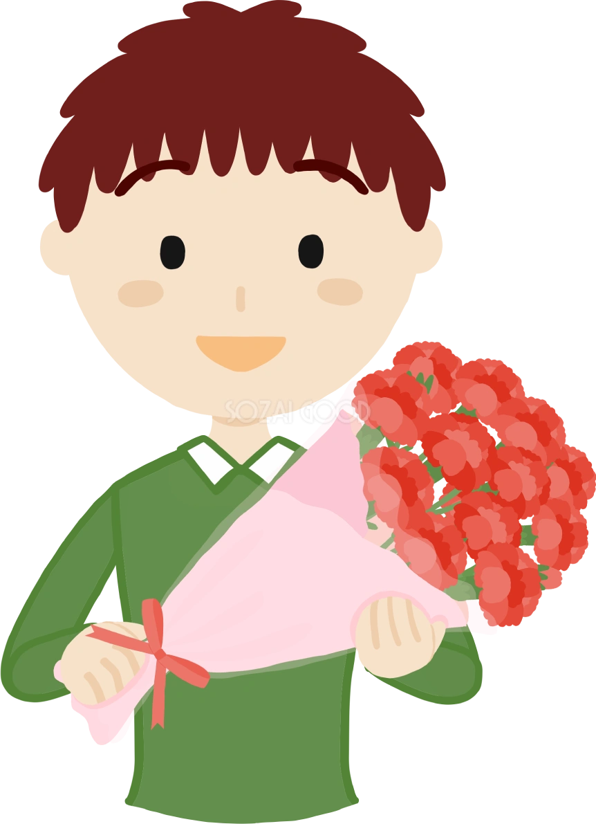 母の日に男の子からお母さん「中年40歳代」カーネーションを渡すフリー無料イラスト83712