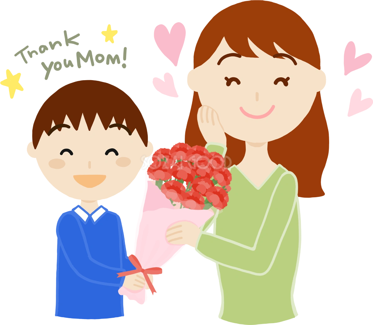 母の日に男の子とお母さん「中年30歳代」カーネーションを抱える無料フリーイラスト83713