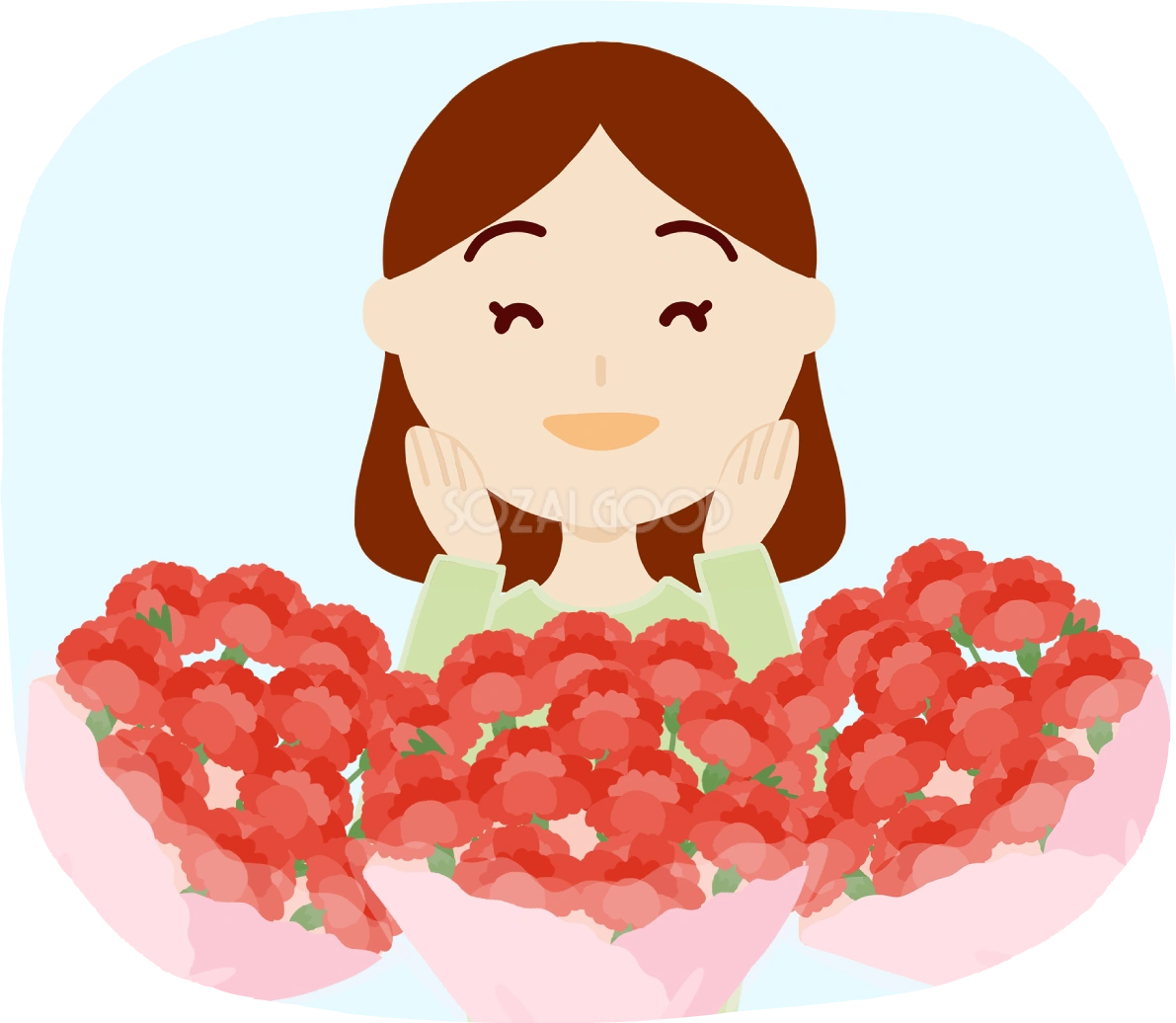 母の日のカーネーションの花束とお母さんがたくさん花束をもらい喜ぶ無料フリーイラスト83715