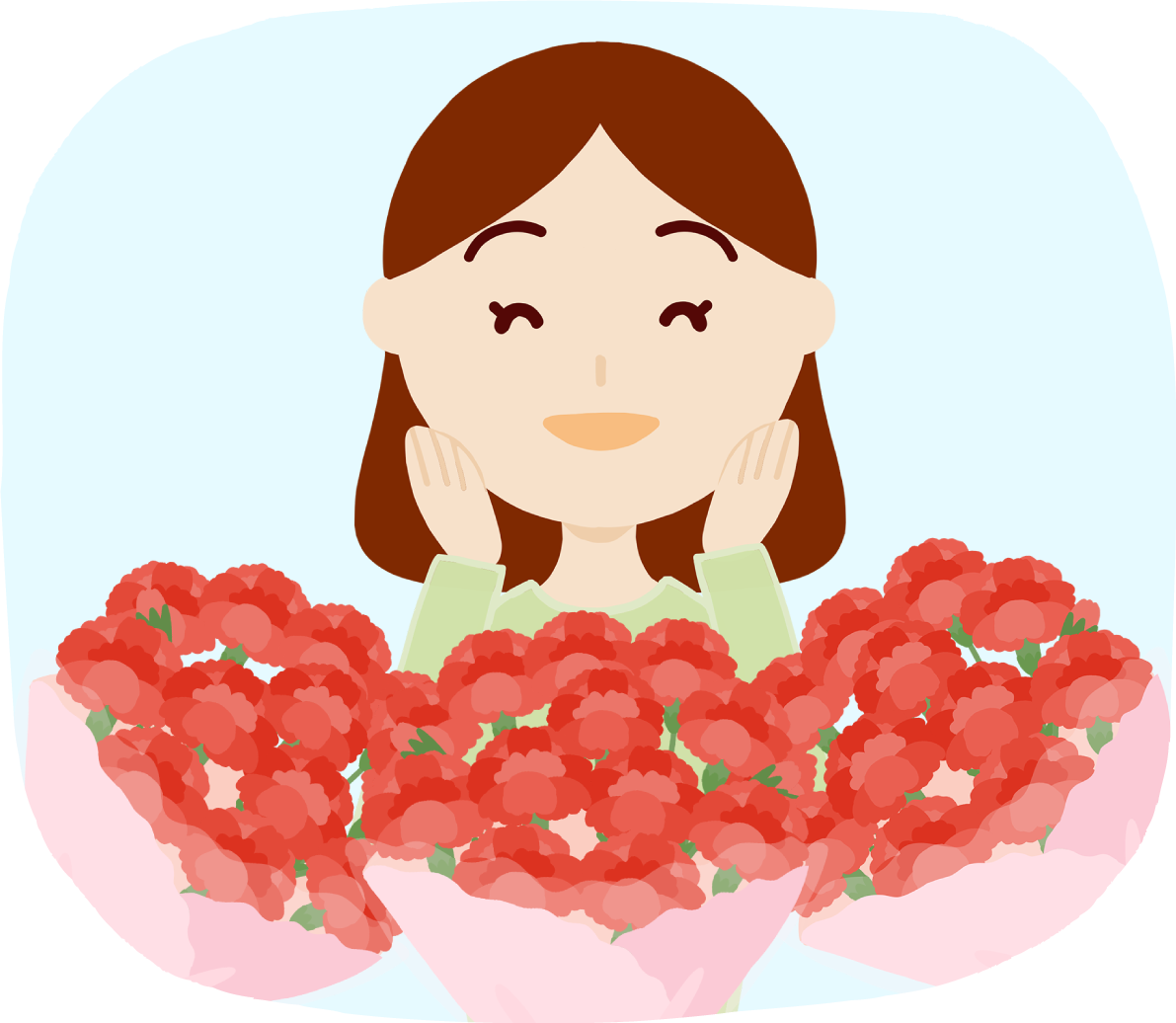 母の日のカーネーションの花束とお母さんがたくさん花束をもらい喜ぶ無料フリーイラスト83715に写真・文字を入れる
