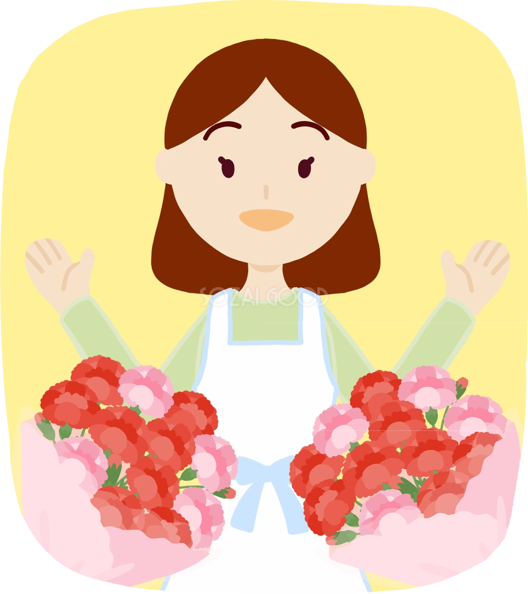 母の日のカーネーションの花束とお母さんが花束をもらい驚く無料フリーイラスト83716