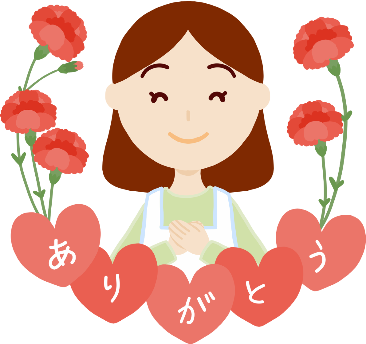 母の日のロゴカーネーションの花束とお母さんと「ありがとう」の文字無料フリーイラスト83717に写真・文字を入れる