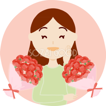 母の日のカーネーションの花束とお母さんと赤いリボンのブーケ飾り無料フリーイラスト83718