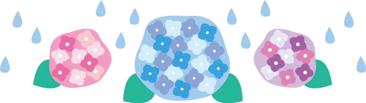 3色のかわいい紫陽花と雨粒のイラスト無料フリー83721に写真・文字を入れる