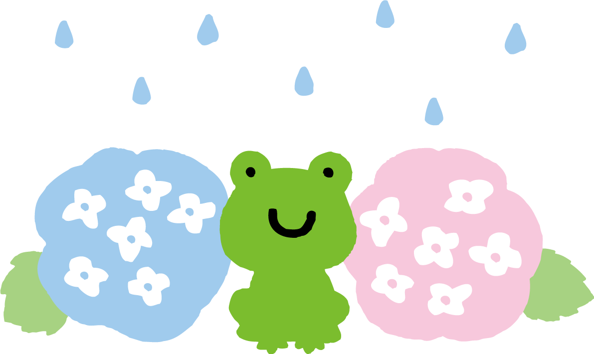 かわいい紫陽花と雨粒とカエルイラスト無料フリー83724に写真・文字を入れる