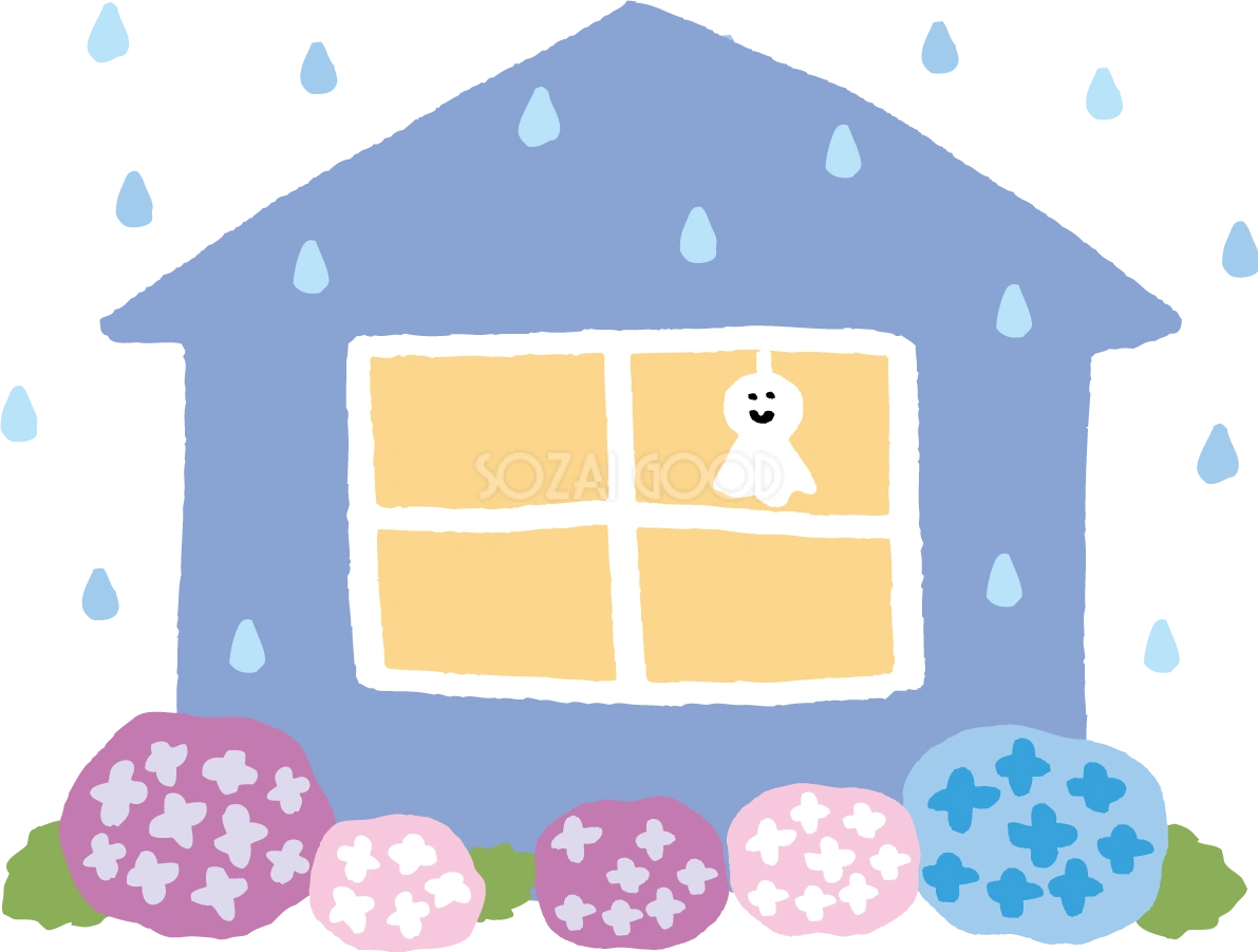 かわいい紫陽花と家の中のてるてる坊主イラスト無料フリー83726