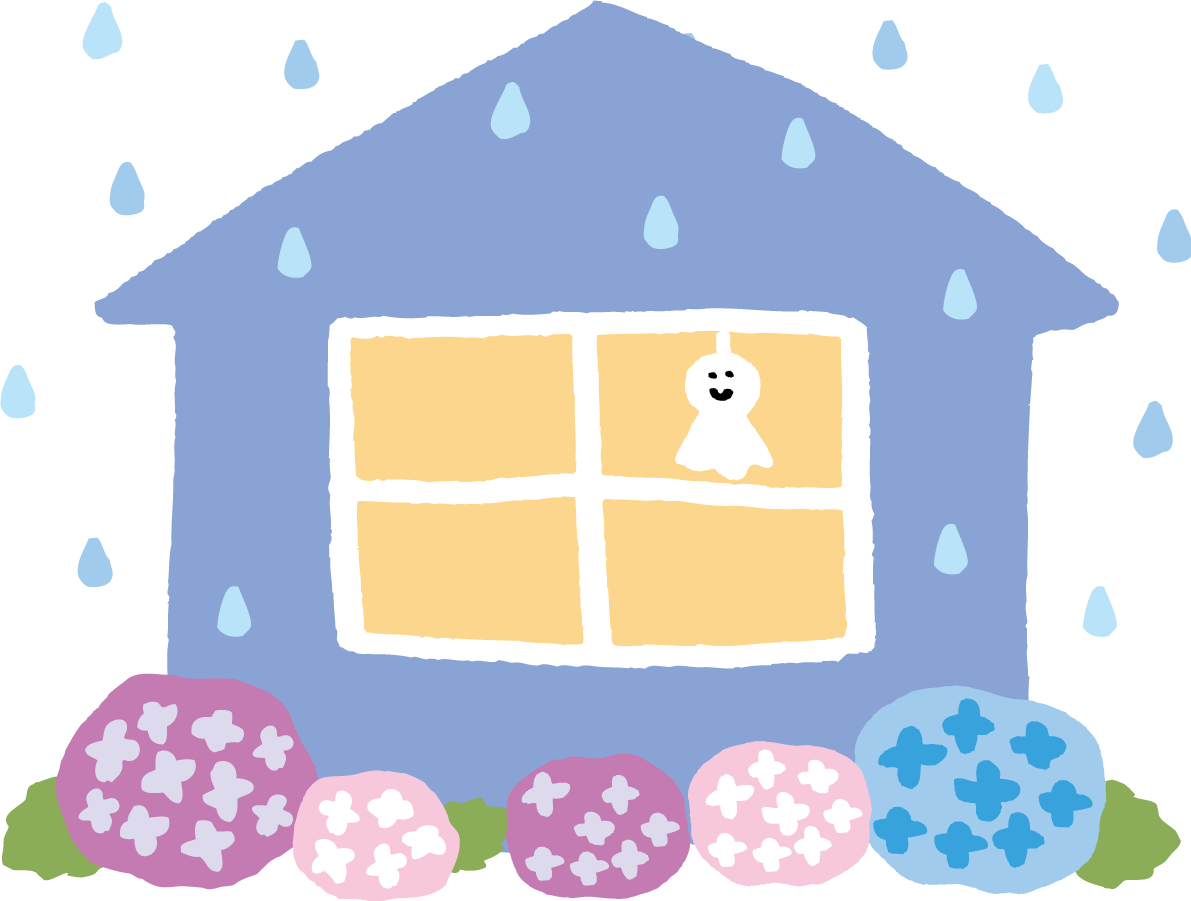 かわいい紫陽花と家の中のてるてる坊主イラスト無料フリー83726に写真・文字を入れる