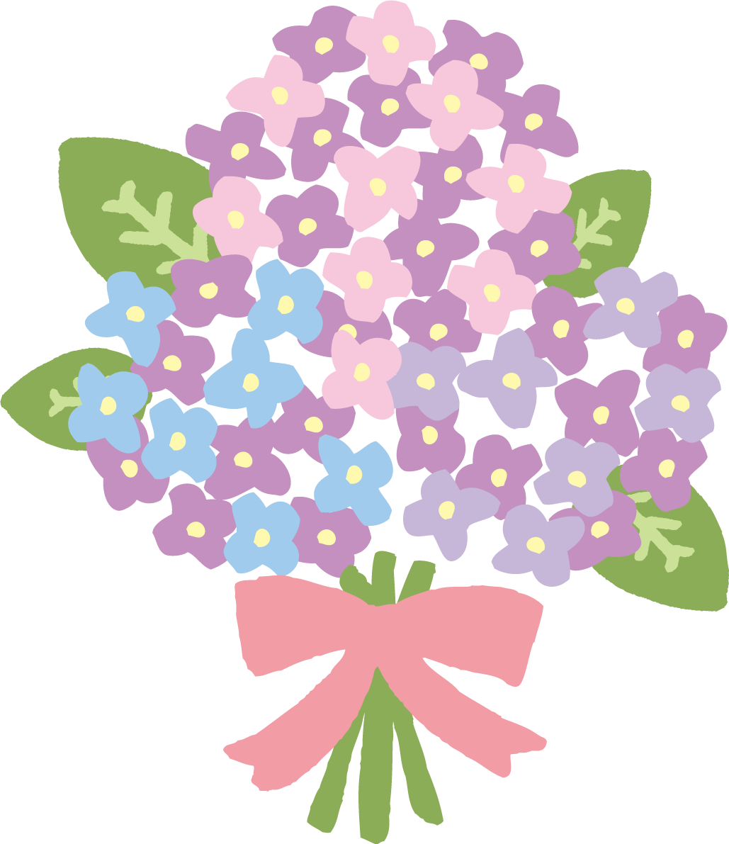 ピンクのリボンのかわいい紫陽花の花束イラスト無料フリー83731に写真・文字を入れる
