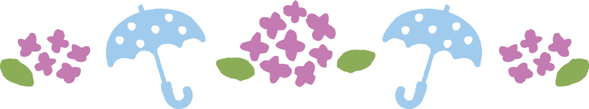 ライン状に並ぶ紫のかわいい紫陽花と水玉の傘イラスト無料フリー83736に写真・文字を入れる
