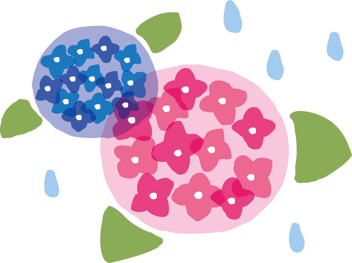 雨粒と2つの重なり合うかわいい紫陽花イラスト無料フリー83737に写真・文字を入れる