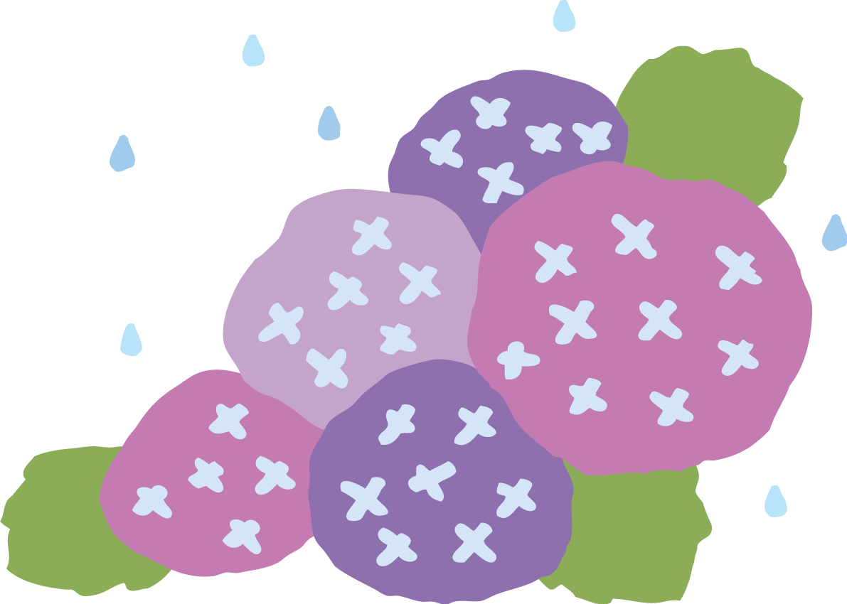 雨粒とたくさんの紫色のかわいい紫陽花イラスト無料フリー83738に写真・文字を入れる