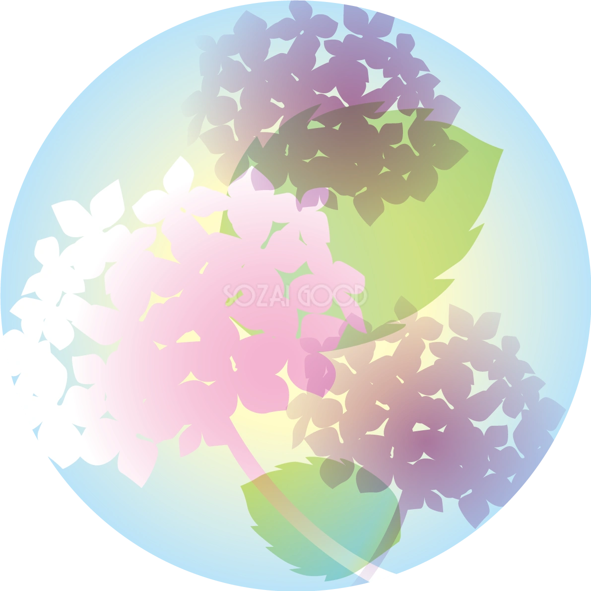 円の中にグラデーションの重なり合うおしゃれ紫陽花イラスト無料フリー83739