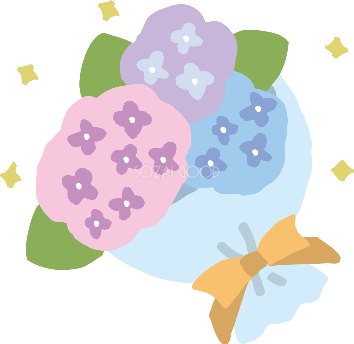 黄色いリボンのかわいい紫陽花の花束イラスト無料フリー83740