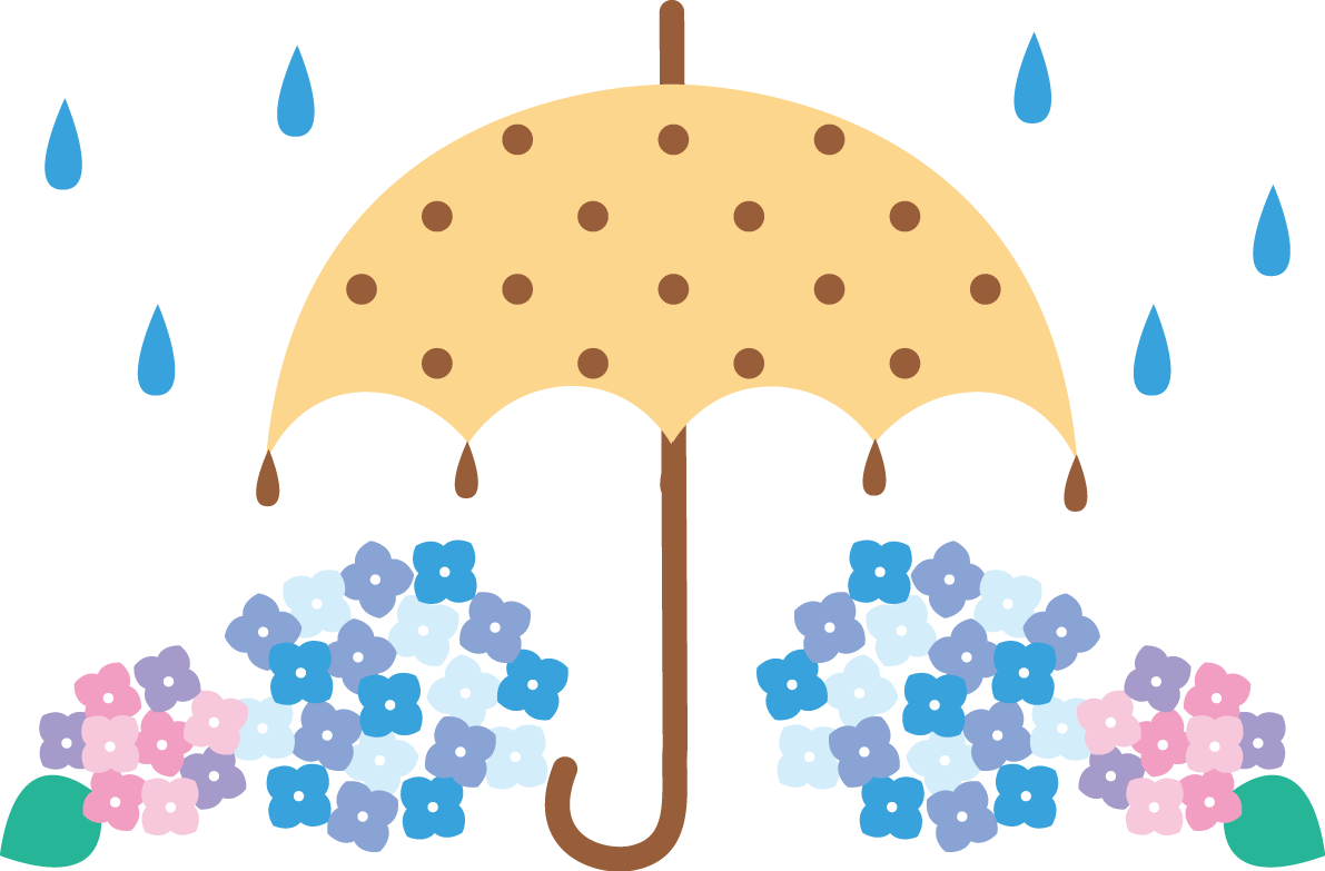 開いた傘のまわりにかわいい紫陽花と雨粒イラスト無料フリー83742に写真・文字を入れる