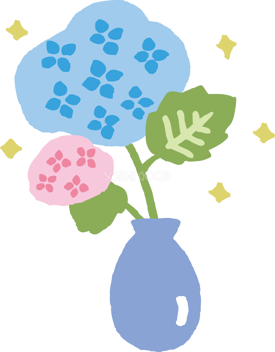 青い花瓶に生けたピンクと青のかわいい紫陽花イラスト無料フリー83749