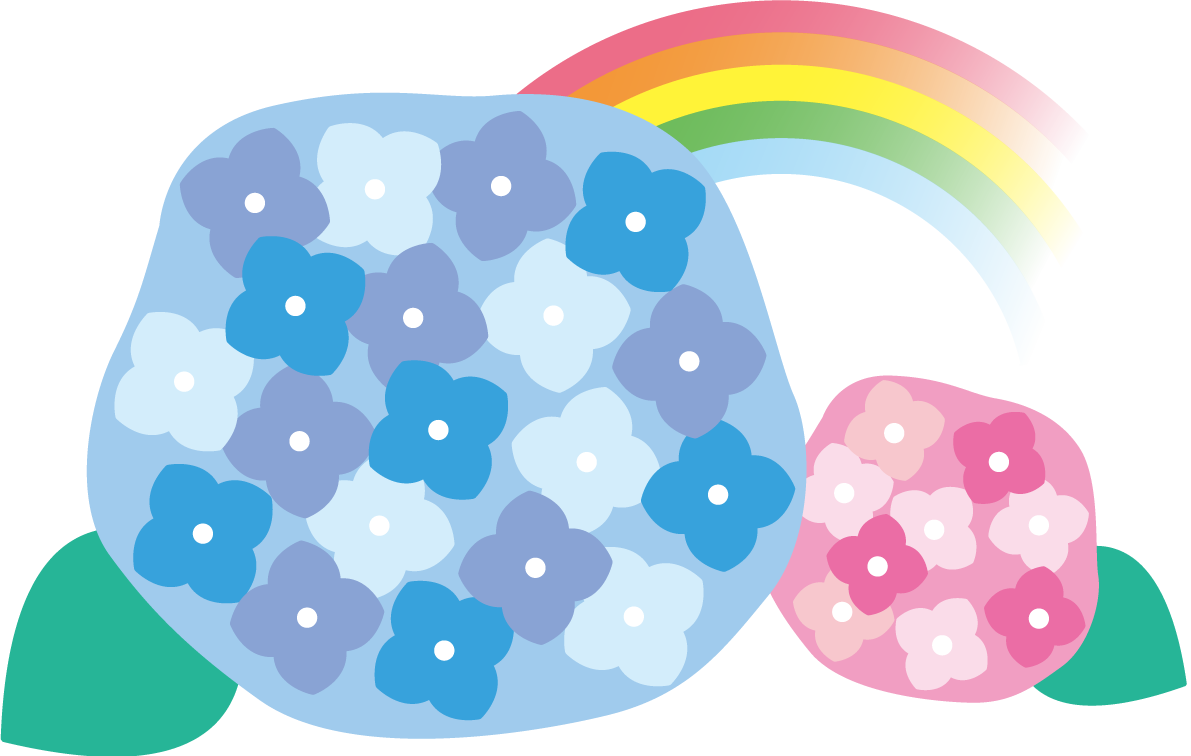 青とピンクのかわいい紫陽花と虹イラスト無料フリー83750に写真・文字を入れる