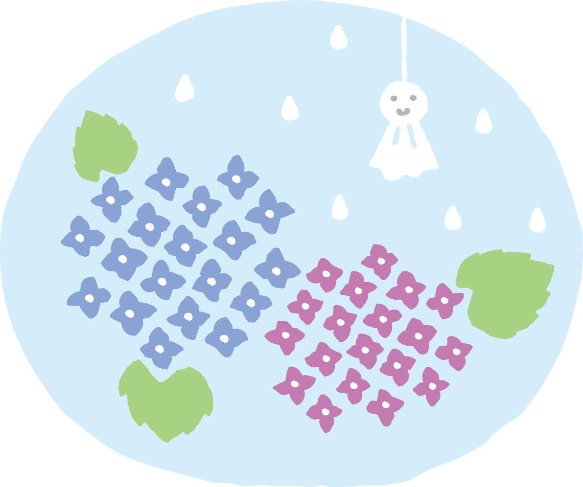 楕円の中にかわいい紫陽花花びらとてるてる坊主イラスト無料フリー83753に写真・文字を入れる