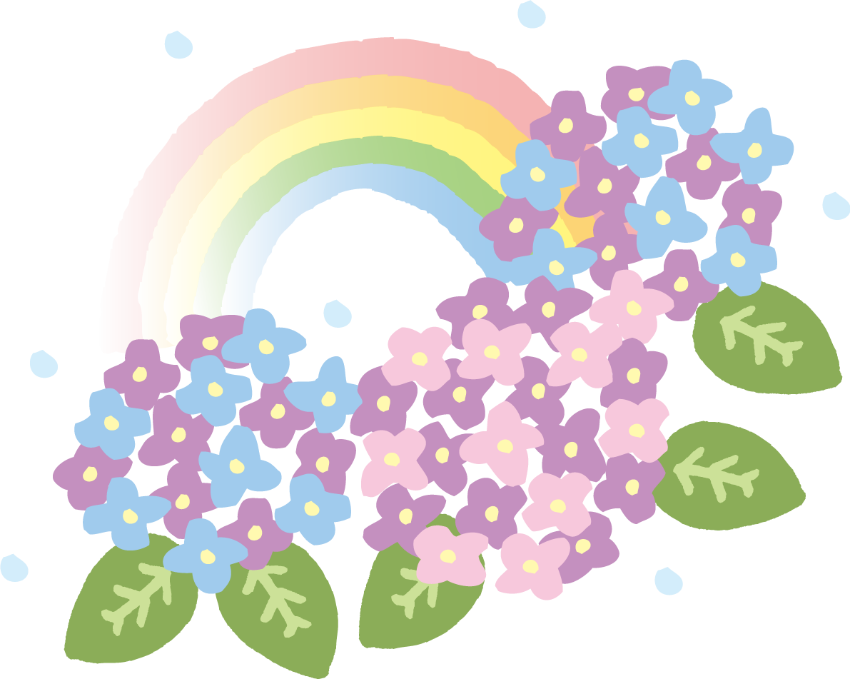 虹と3つのかわいい紫陽花イラスト無料フリー83755に写真・文字を入れる