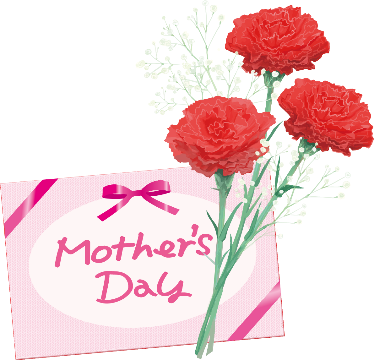 母の日にリボン手紙にロゴ文字「Mother's Day」カーネーションイラスト83776に写真・文字を入れる