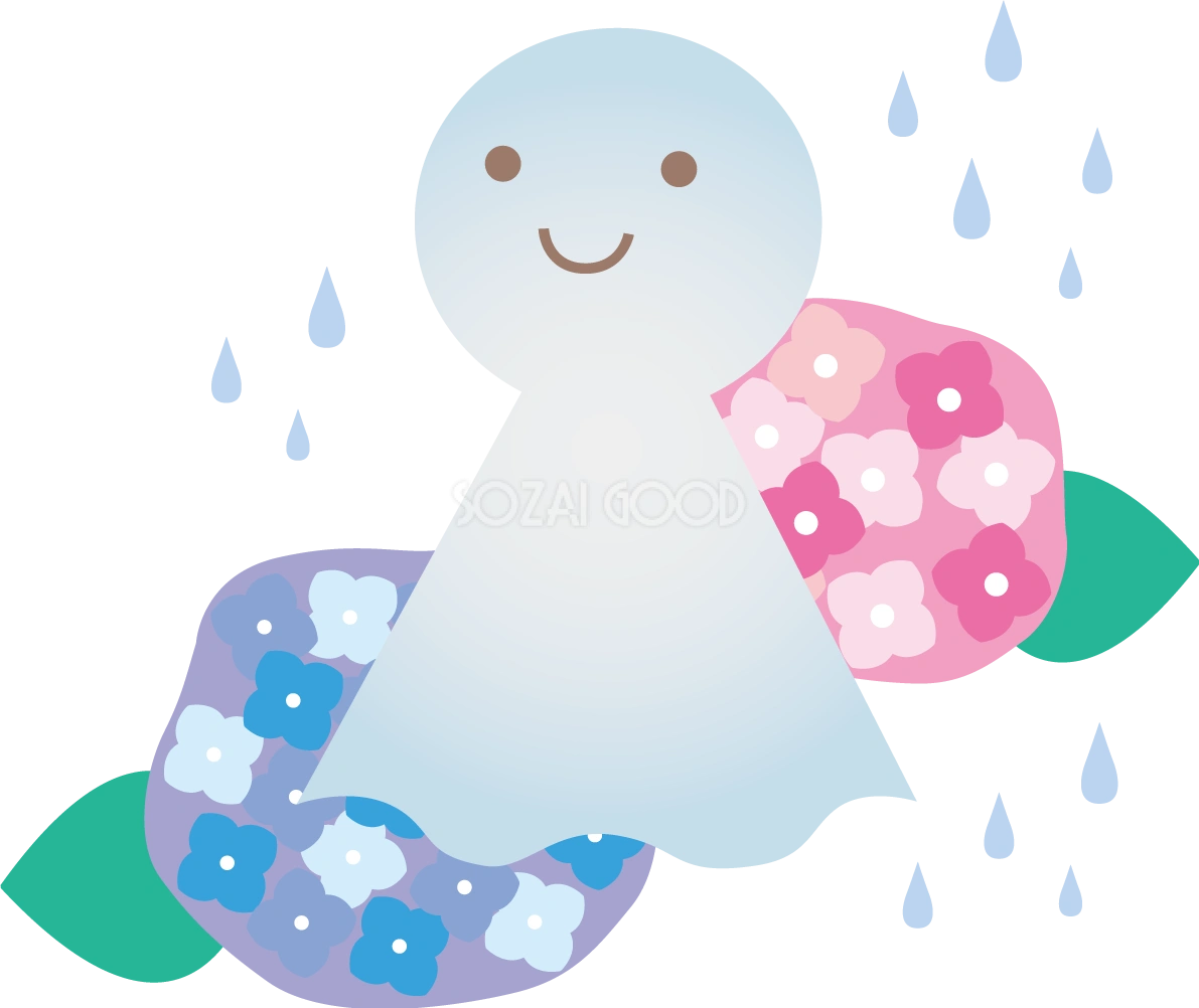 紫陽花と雨とてるてる坊主のかわいい梅雨の無料フリーイラスト83791