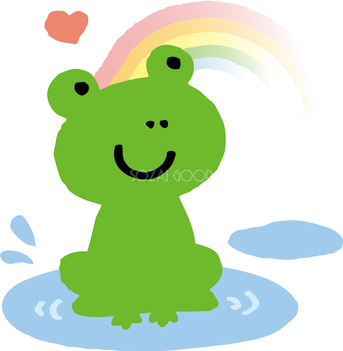 虹と水たまりとカエルのかわいい梅雨の無料フリーイラスト83803
