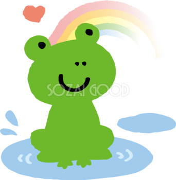 虹と水たまりとカエルのかわいい梅雨の無料フリーイラスト803 素材good