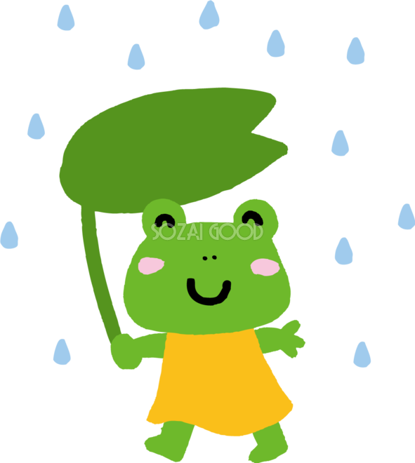 葉っぱの傘をさしたカエルのかわいい梅雨の無料フリーイラスト83805