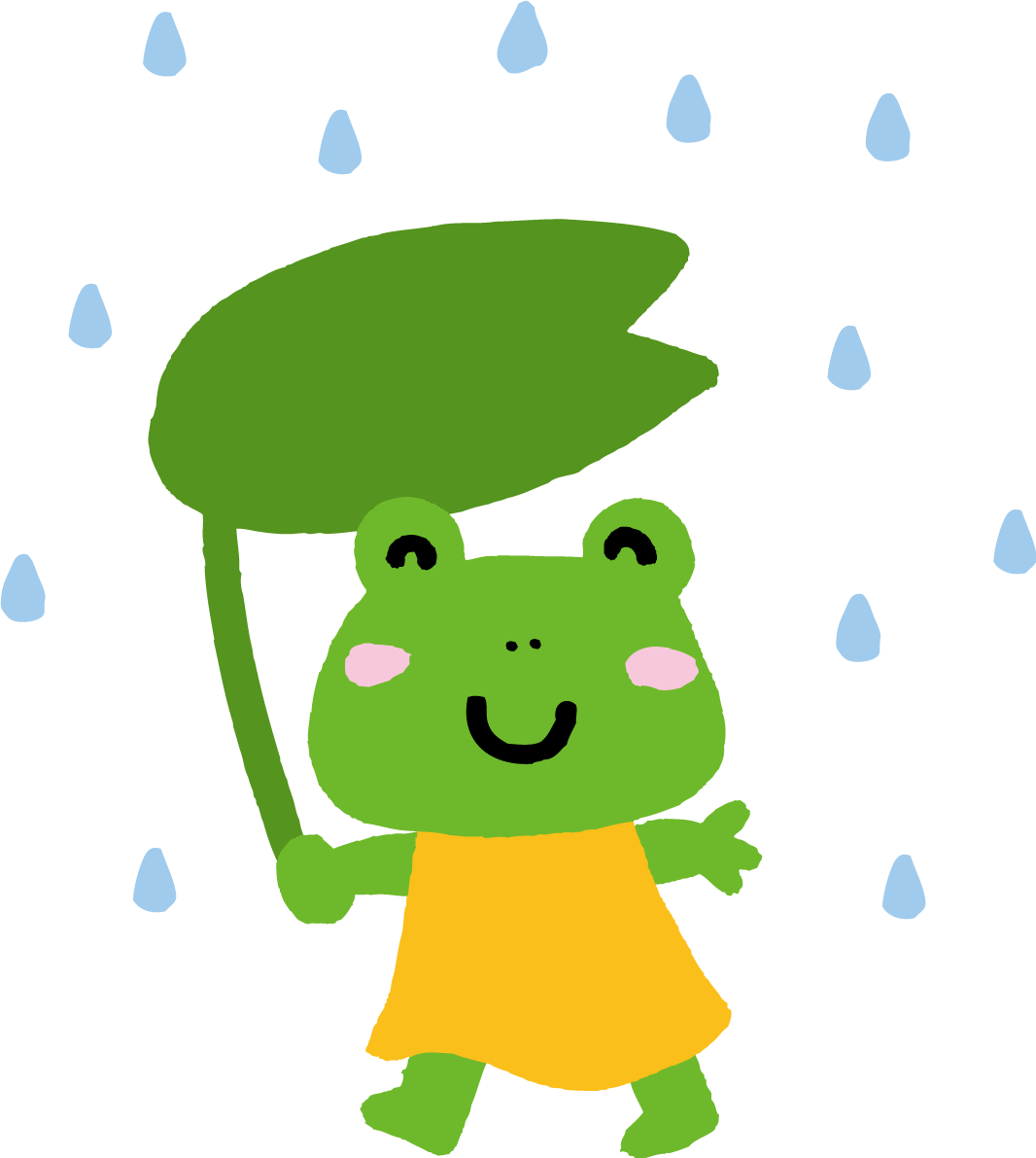 葉っぱの傘をさしたカエルのかわいい梅雨の無料フリーイラスト83805に写真・文字を入れる