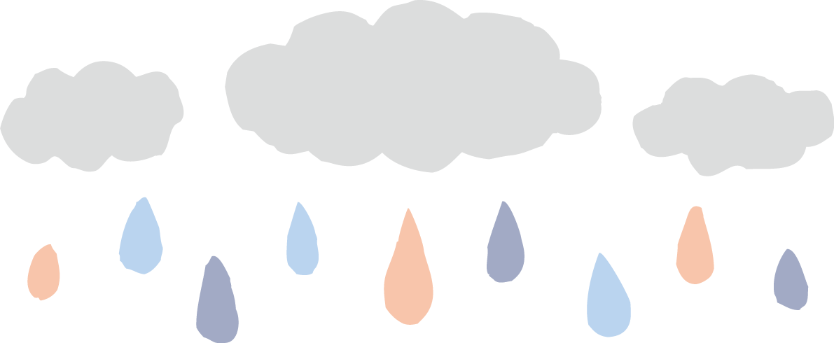3つの雲とカラフルな雨粒のかわいい梅雨の無料フリーイラスト83806に写真・文字を入れる