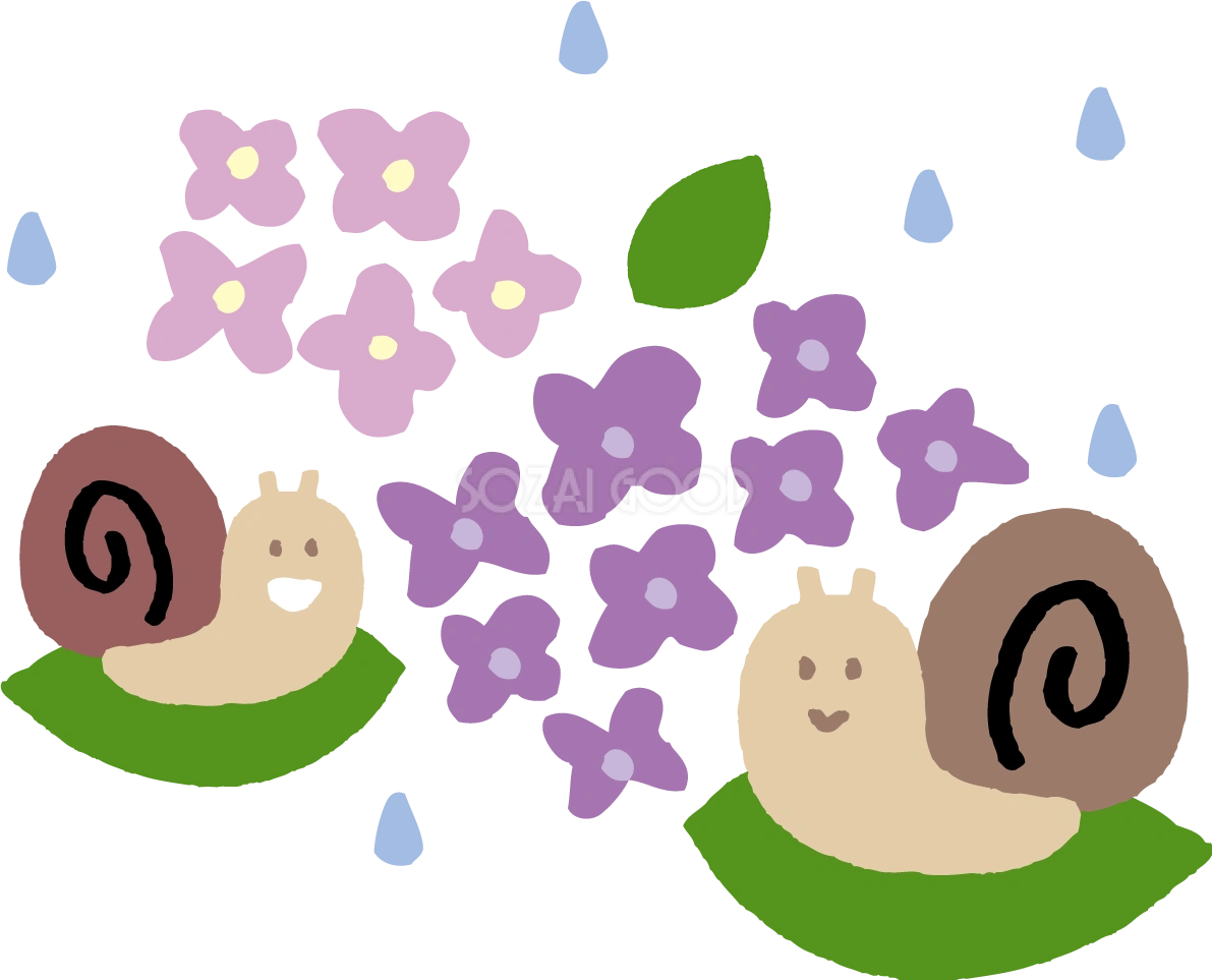 紫陽花と2匹のカタツムリ(でんでん虫)のかわいい梅雨の無料フリーイラスト83810
