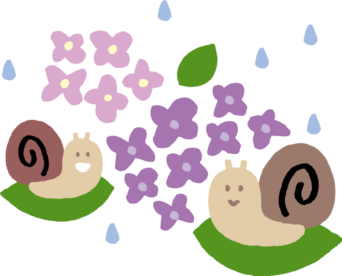 紫陽花と2匹のカタツムリ(でんでん虫)のかわいい梅雨の無料フリーイラスト83810に写真・文字を入れる