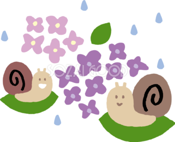 紫陽花と2匹のカタツムリ(でんでん虫)のかわいい梅雨の無料フリーイラスト83810