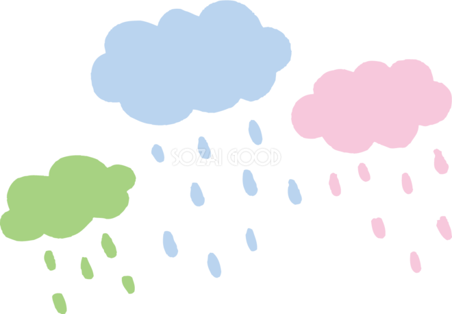 カラフルな3つの雲と雨のかわいい梅雨の無料フリーイラスト815 素材good