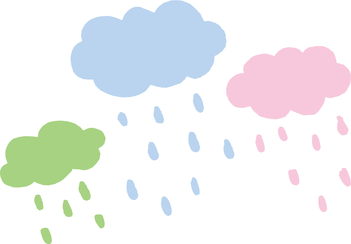 カラフルな3つの雲と雨のかわいい梅雨の無料フリーイラスト83815に写真・文字を入れる