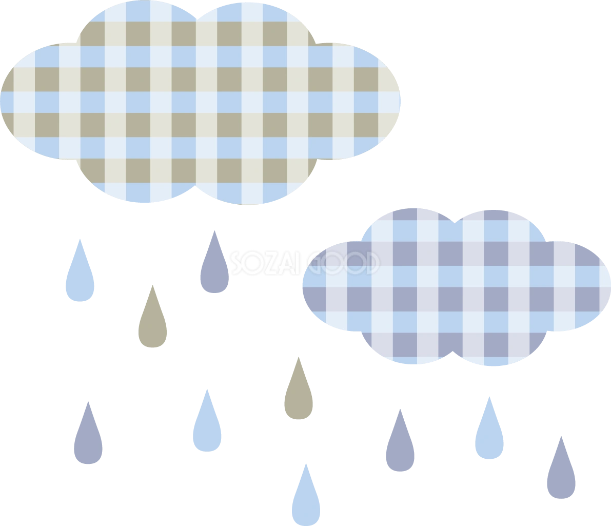 チェック柄の雲と雨のかわいい梅雨の無料フリーイラスト83819