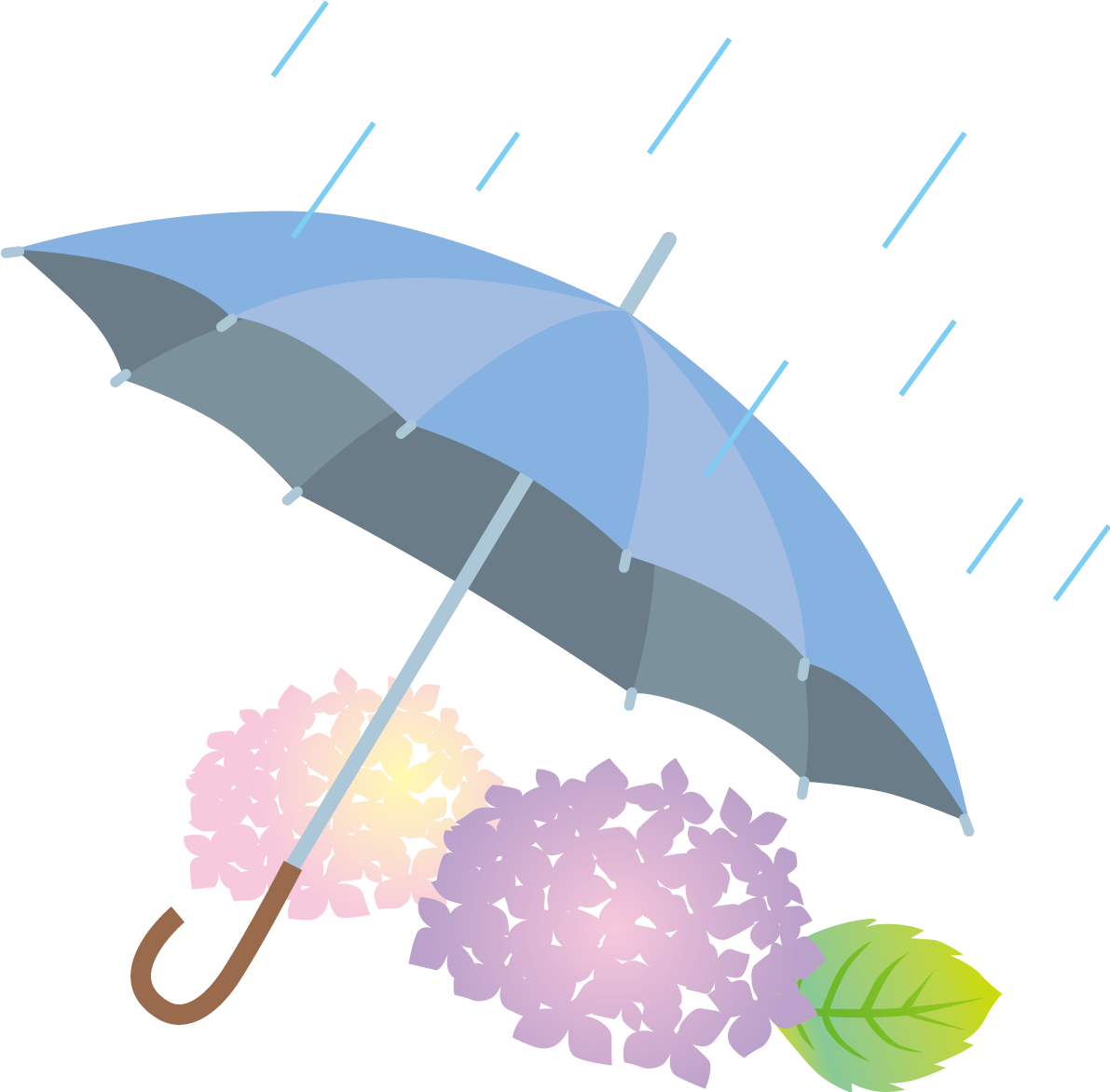 雨とあじさいと青い傘のかわいい梅雨の無料フリーイラスト83827に写真・文字を入れる