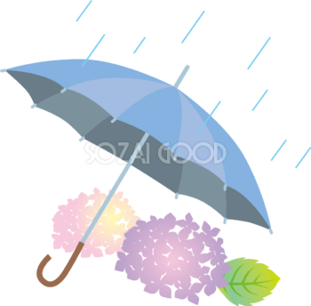 雨とあじさいと青い傘のかわいい梅雨の無料フリーイラスト83827