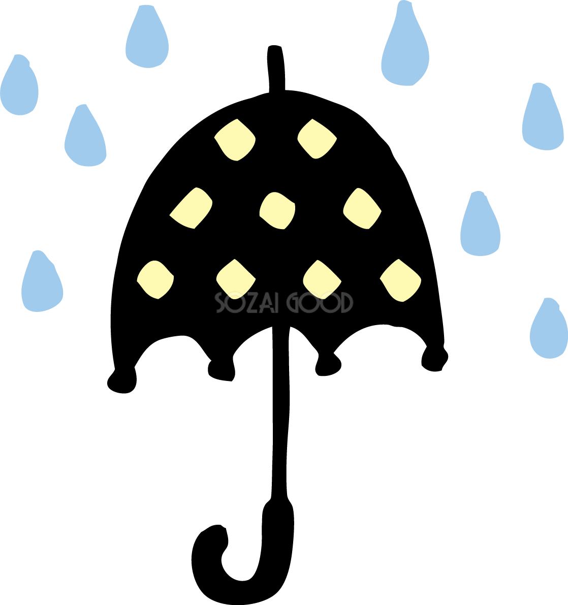 雨と黒色の傘のかわいい梅雨の無料フリーイラスト83829