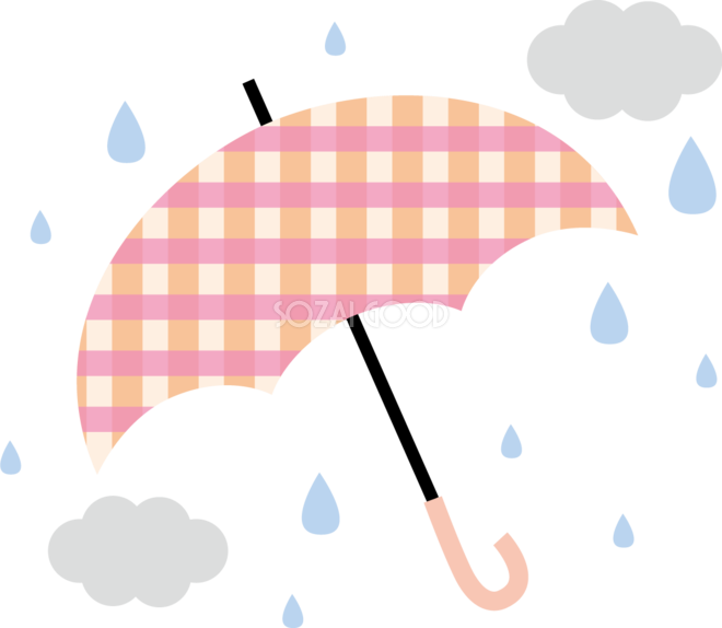 雲と雨とチェック柄の傘のかわいい梅雨の無料フリーイラスト83837 素材good