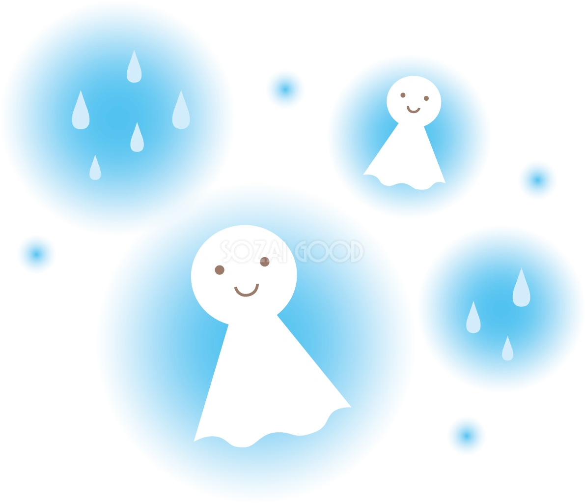 青い光の中にてるてる坊主のかわいい梅雨の無料フリーイラスト83854